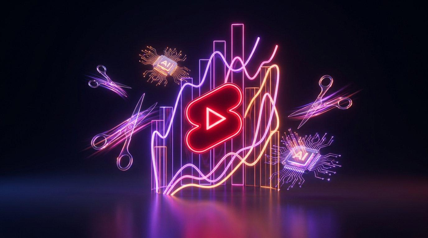 Gráficos de datos y logo de YouTube Shorts brillando en fondo oscuro