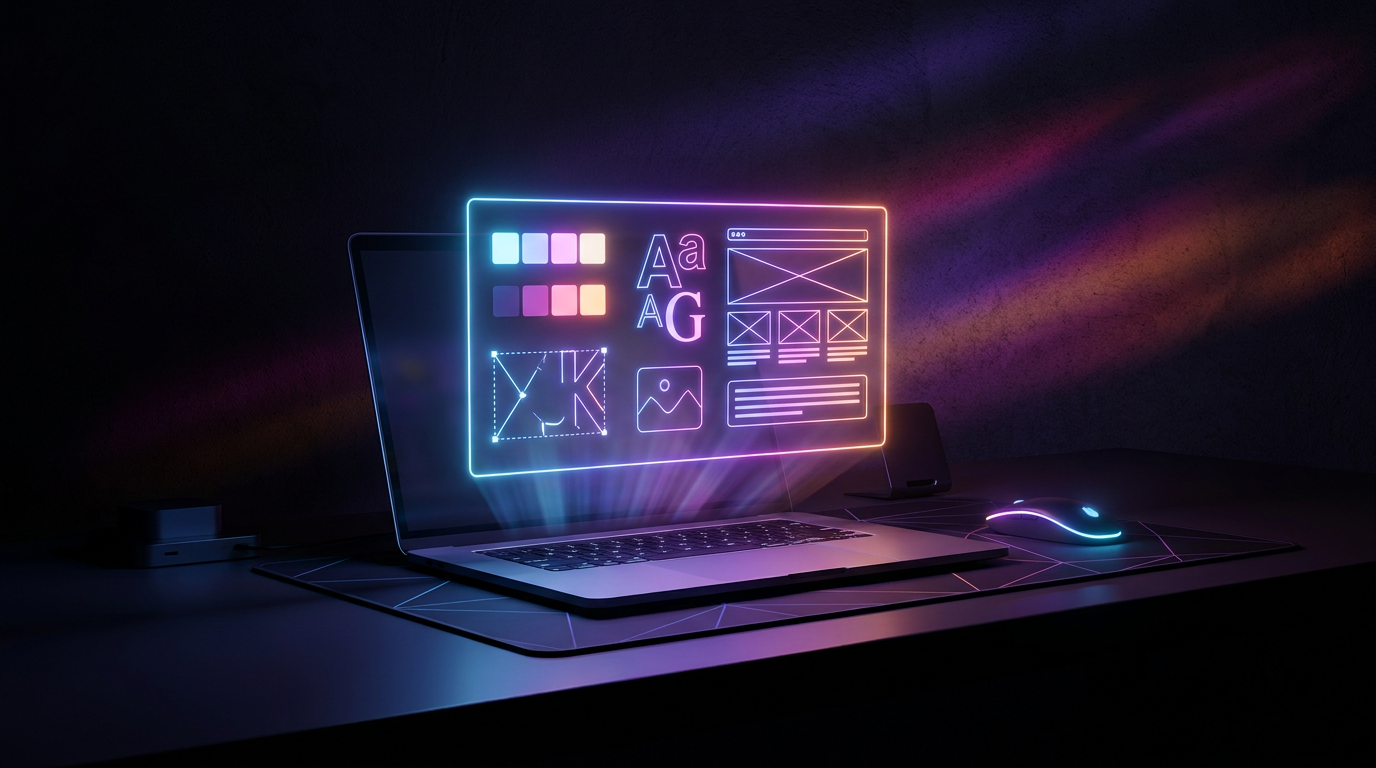 Manual de marca digital proyectando tipografías y colores en fondo oscuro