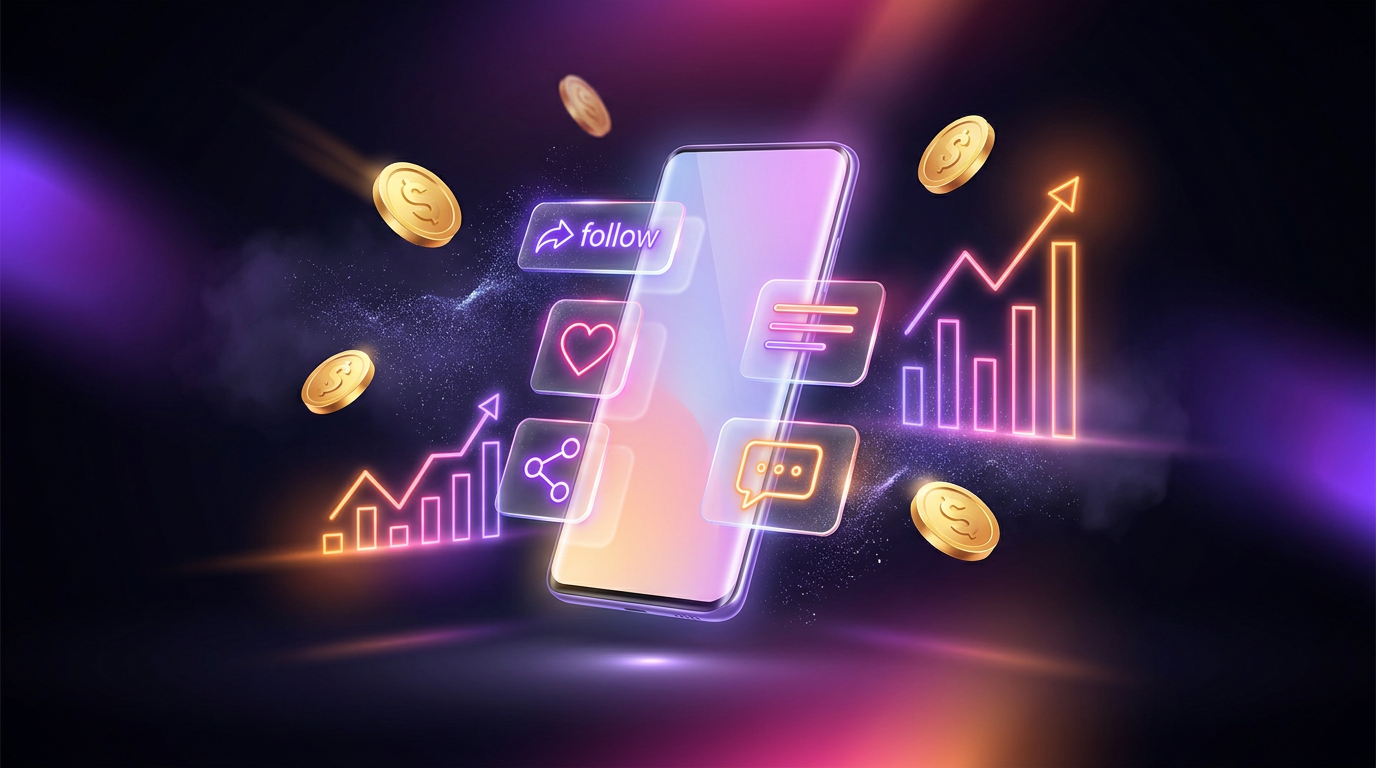 Smartphone con gráfico financiero ascendente e iconos de redes sociales flotando