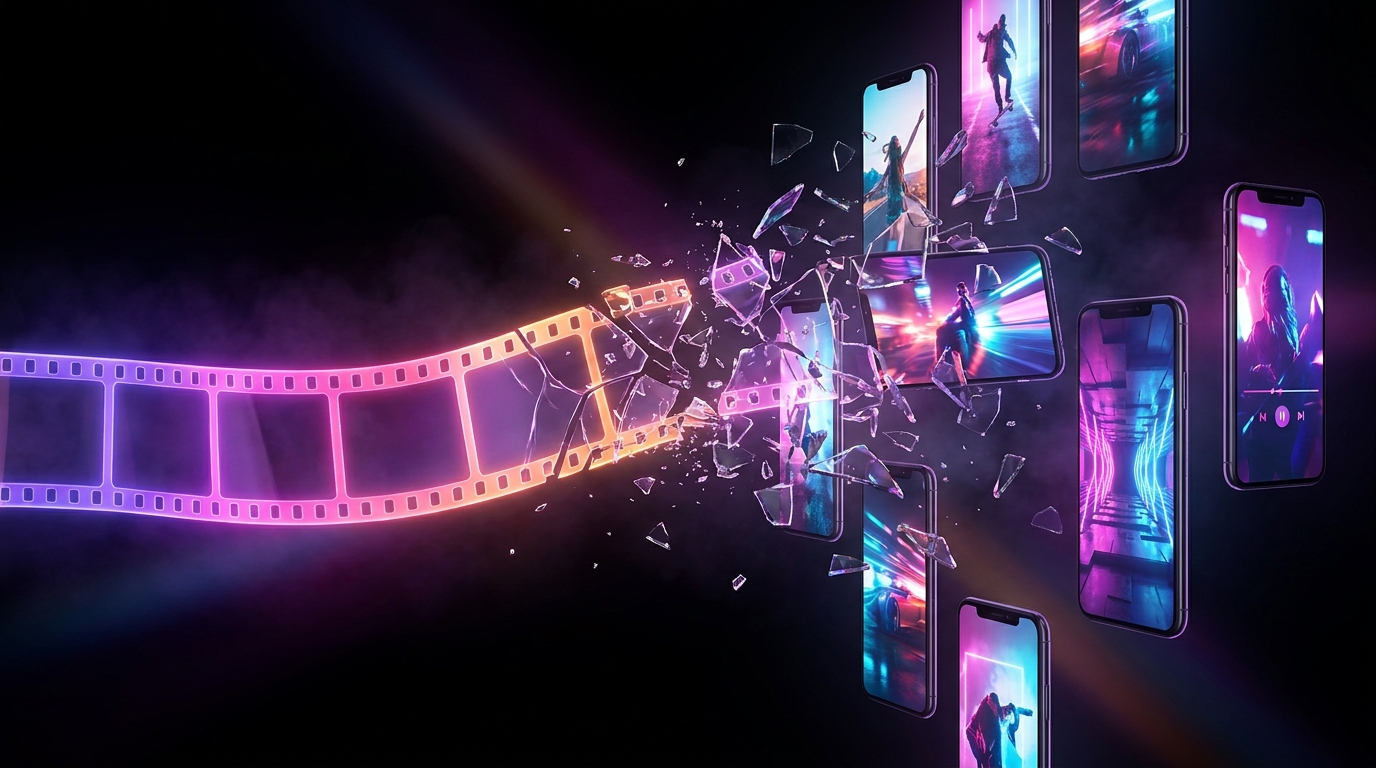 Smartphone mostrando un carrete de película iluminado con luces de neón