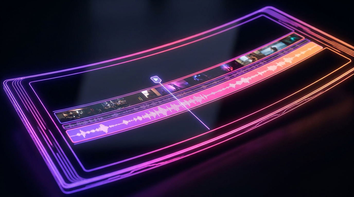 Ondas de audio brillantes fusionándose con una tira de película digital