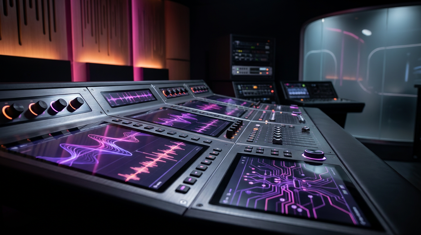 Ondas de audio brillantes y botón de reproducción en fondo oscuro