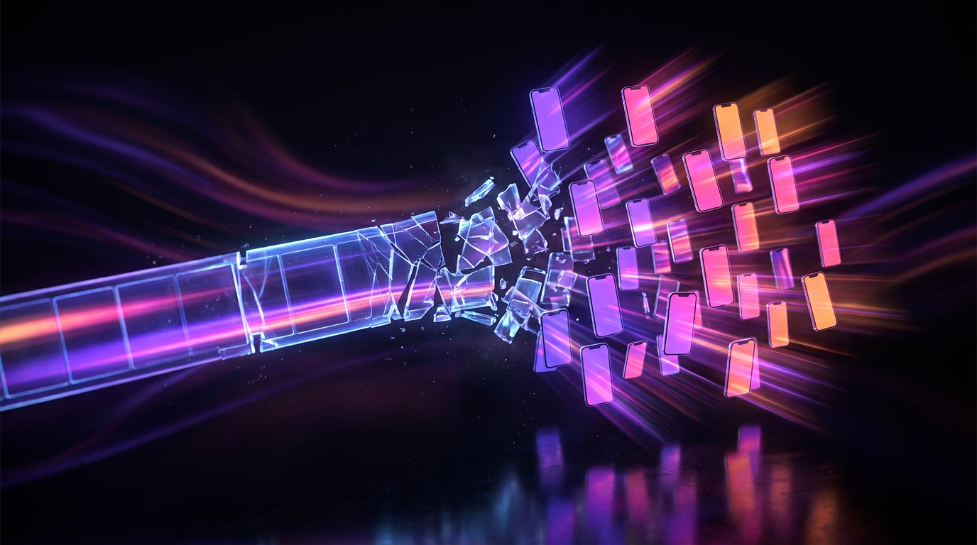 Interfaz holográfica de edición de vídeo con tonos neón morados y naranjas
