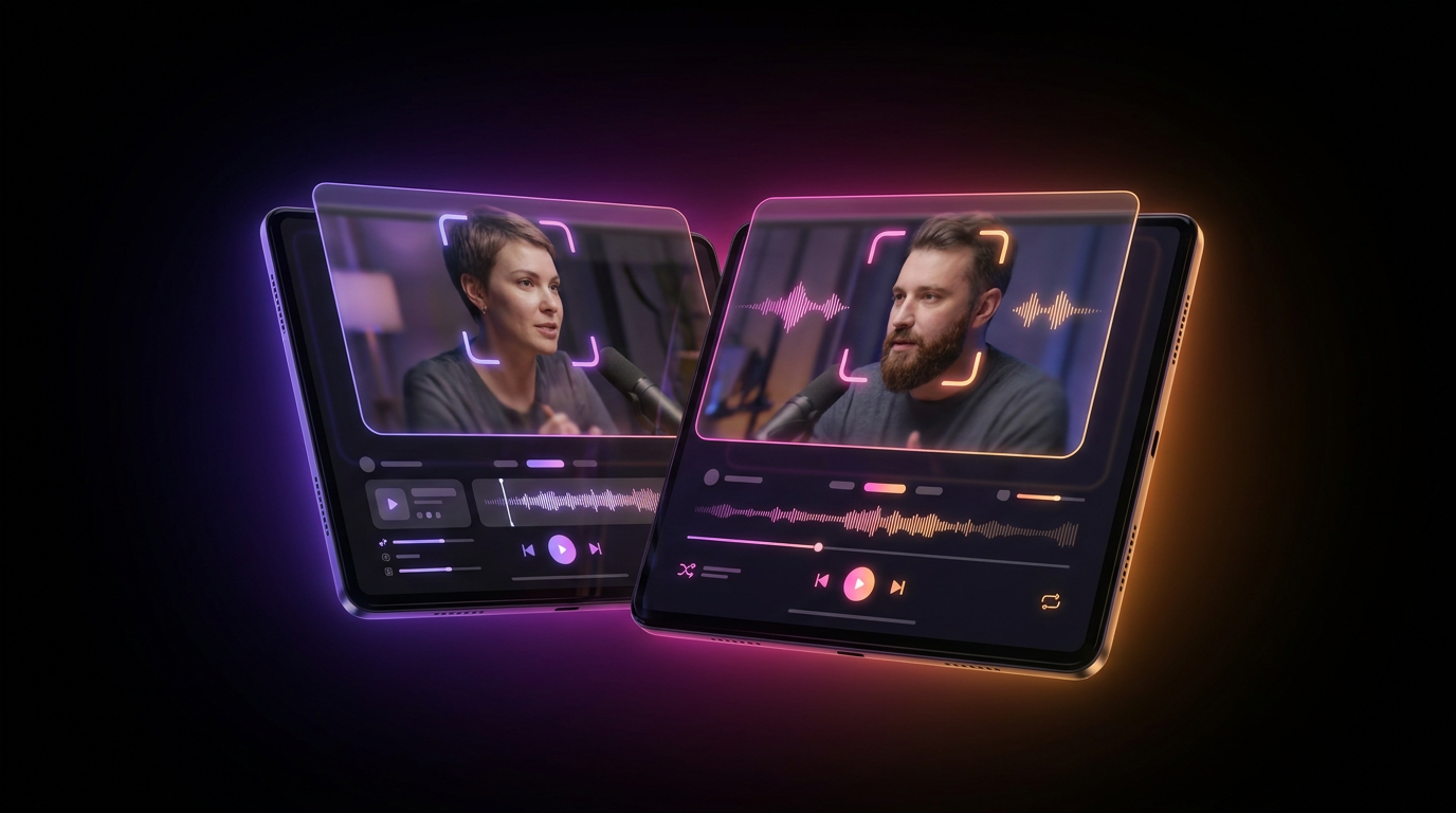 Micrófonos de podcast en diseño de pantalla dividida con luces de neón