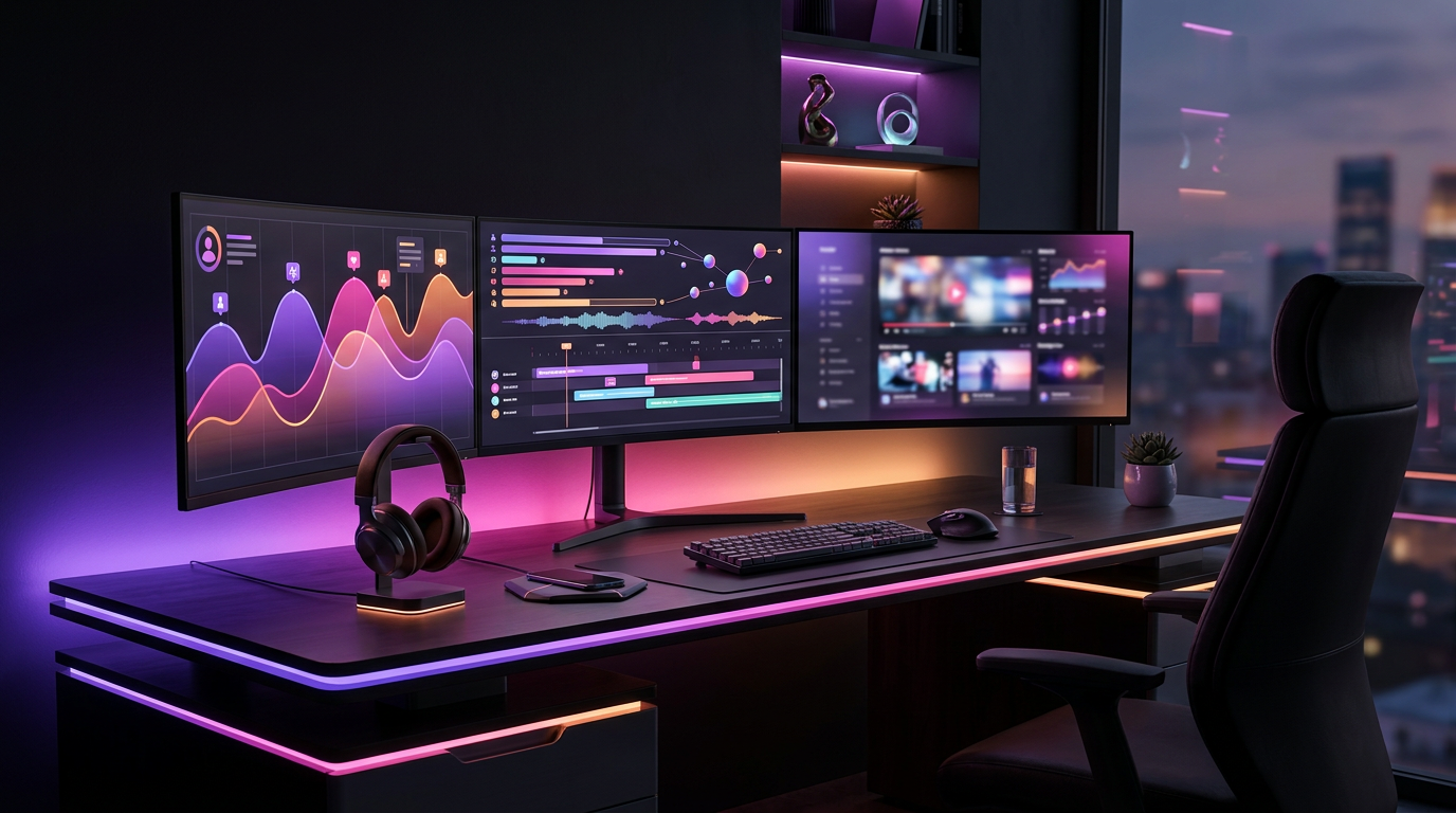 Monitores mostrando métricas y edición de video con iluminación neón
