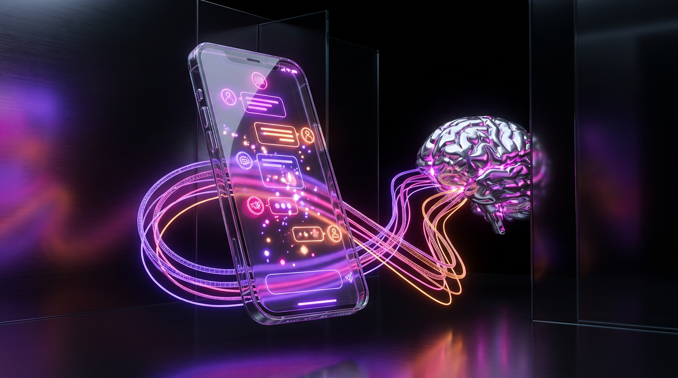 Smartphone con burbujas de mensajes iluminadas en tonos neón