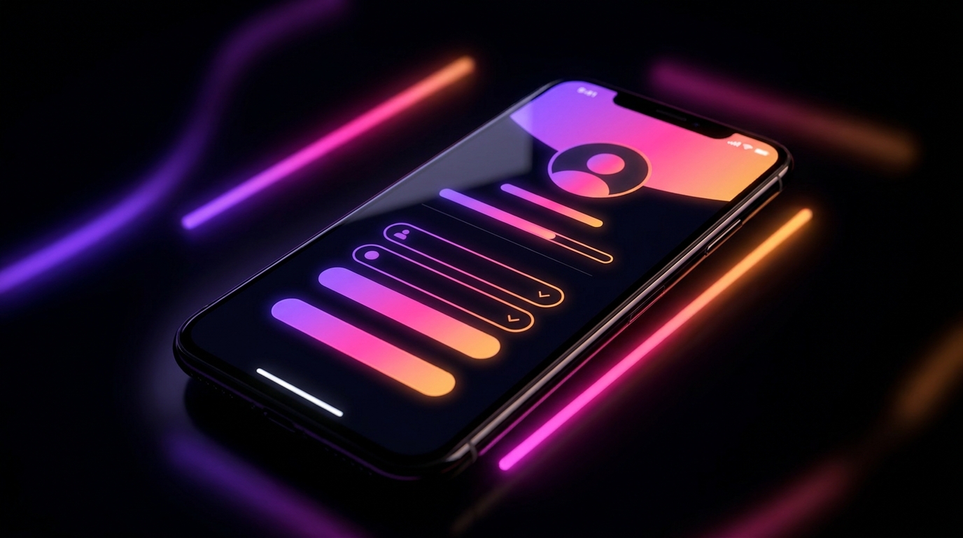 Smartphone iluminado con luces de neón morado y naranja en fondo oscuro.