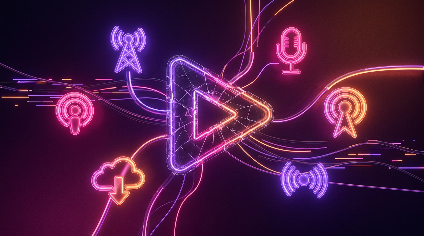 Ilustración 3D de alternativas de edición de vídeo IA con tonos neón.