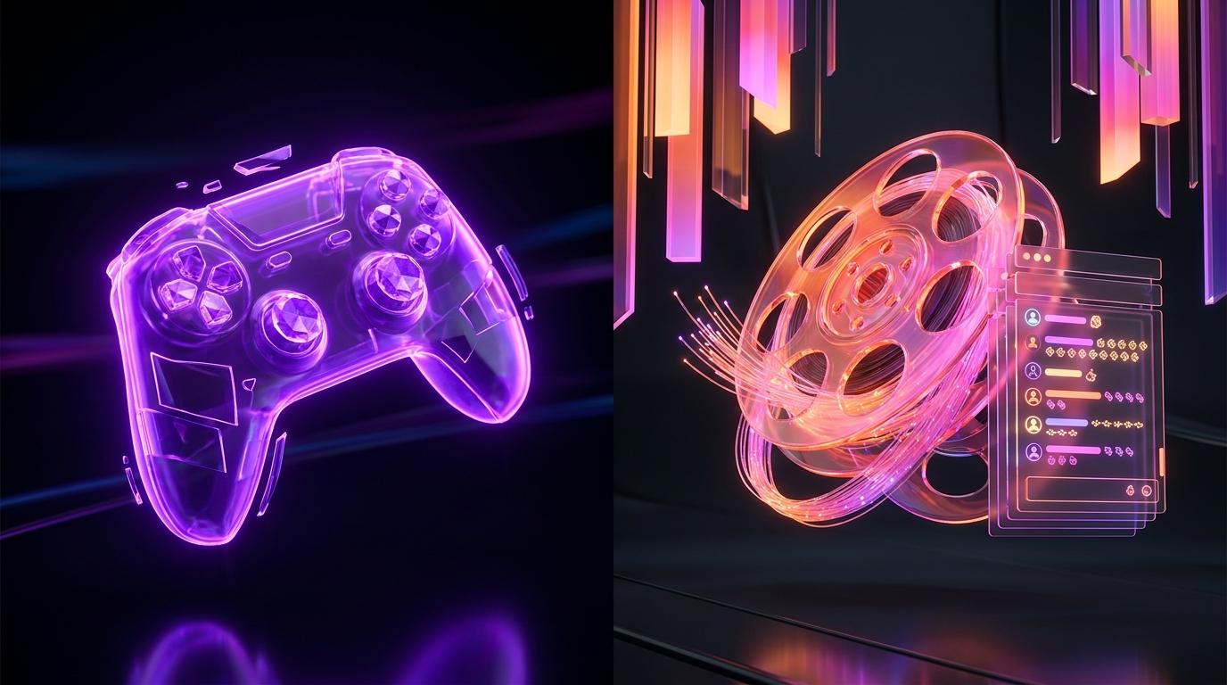 Dos cerebros robóticos iluminados compitiendo por un mando de videojuegos futurista.