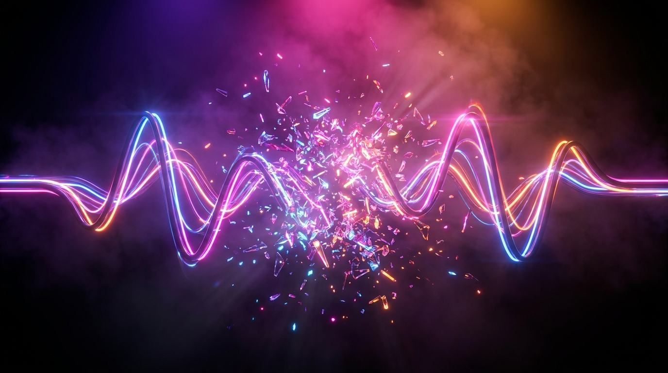 Pantalla dividida con símbolos de reproducción y ondas de sonido en neón