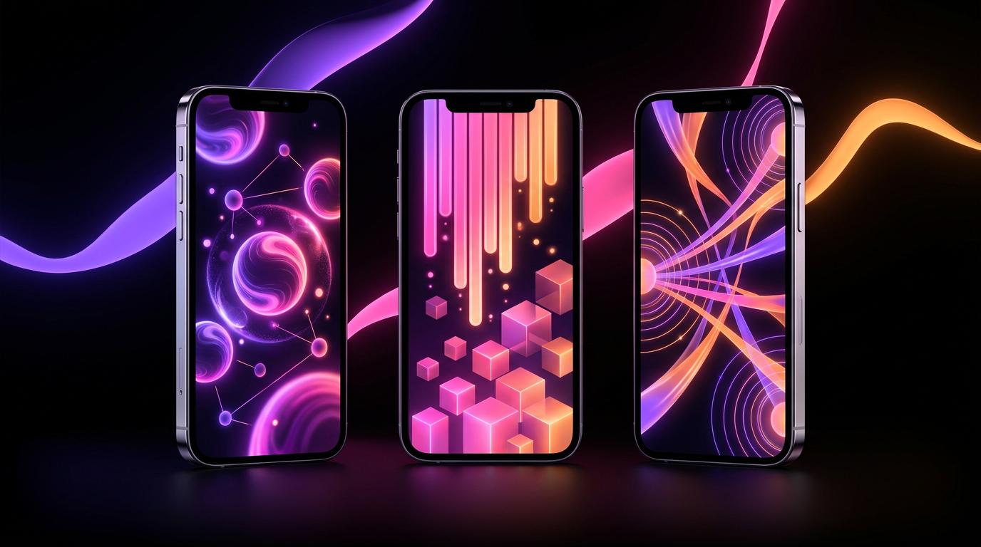 Tres pantallas de smartphone holográficas brillantes mostrando gráficos de crecimiento en fondo oscuro.
