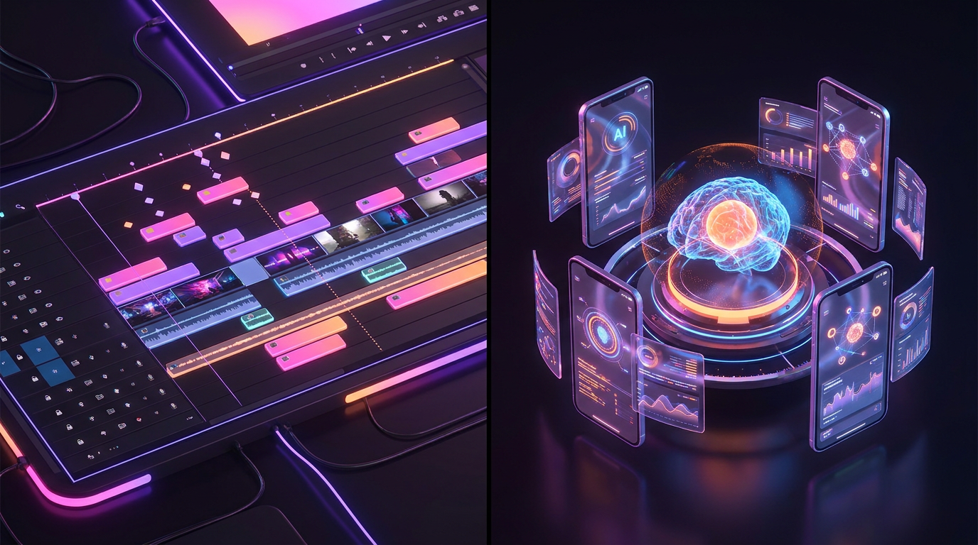Línea de tiempo de edición de video transformándose en inteligencia artificial brillante