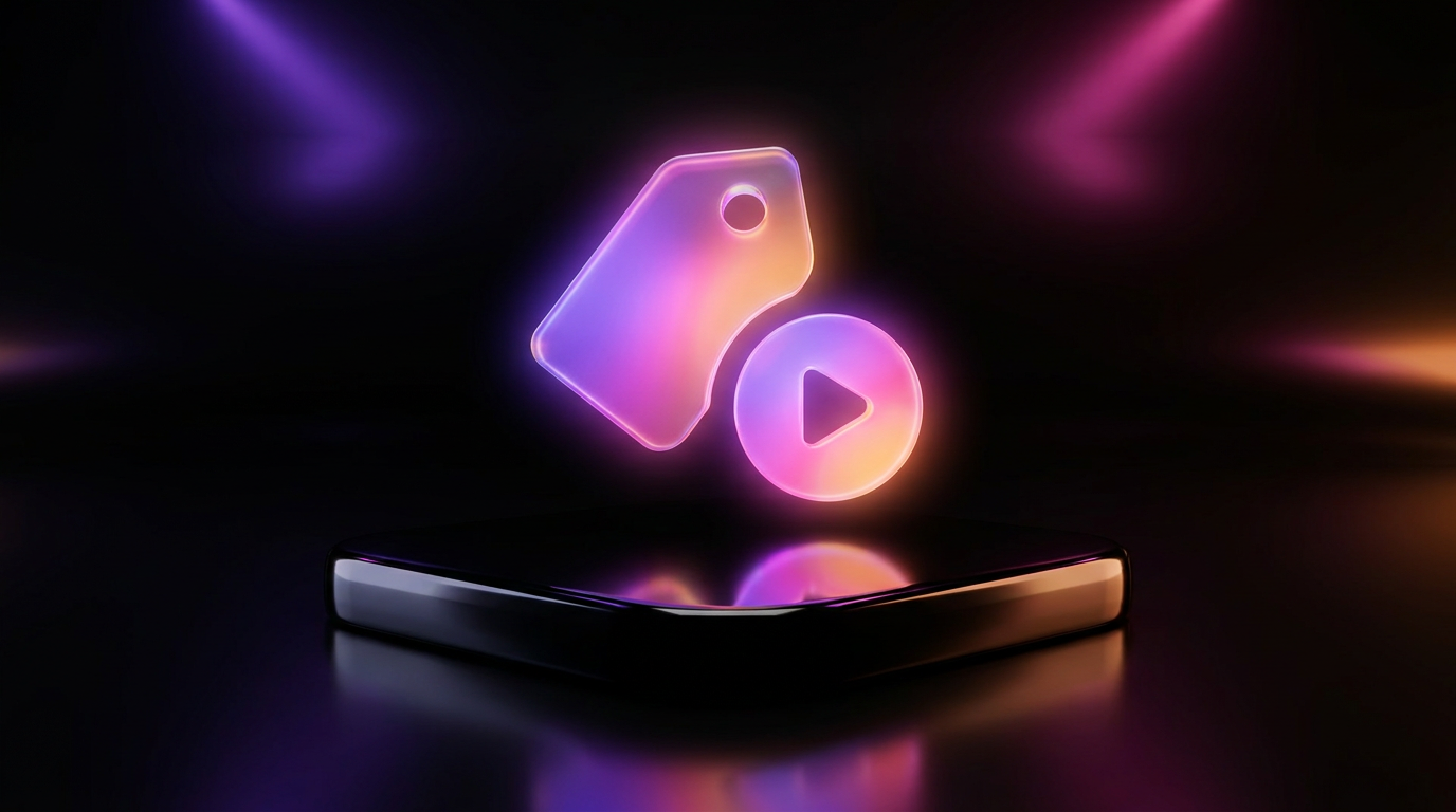 Interfaz 3D de edición de video con etiquetas de precio brillantes