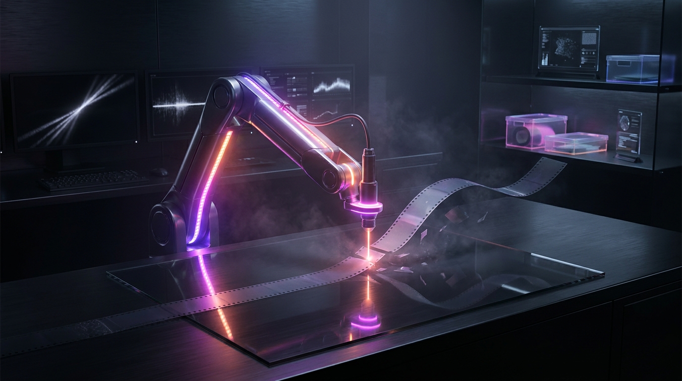 Ilustración 3D de procesamiento de vídeo con inteligencia artificial en tonos neón