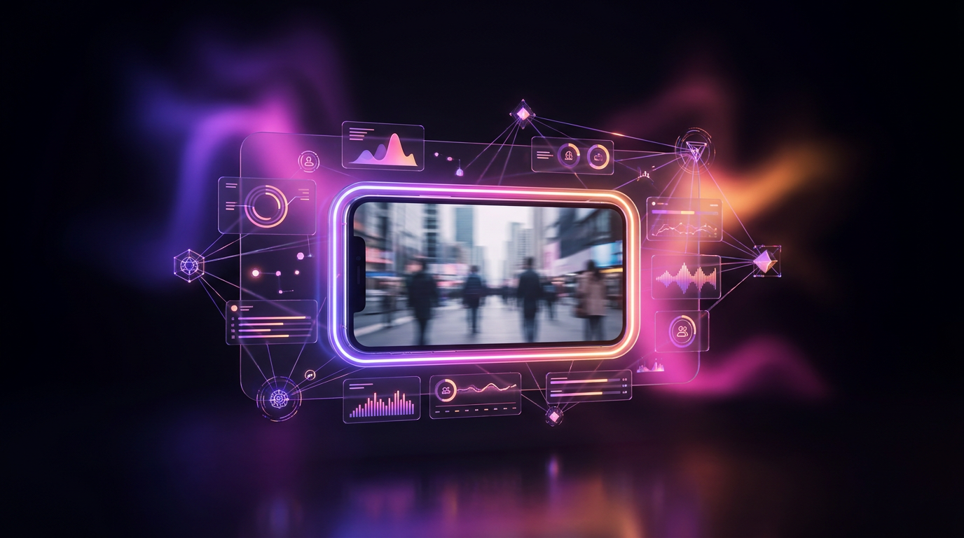 Nodos de datos brillantes representando el análisis de vídeo con inteligencia artificial