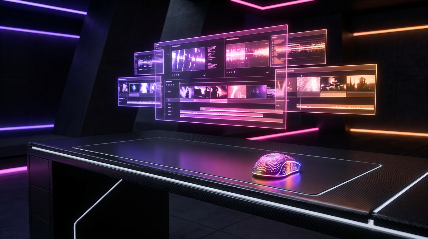 Línea de tiempo de edición fragmentándose en partículas digitales iluminadas por neón.