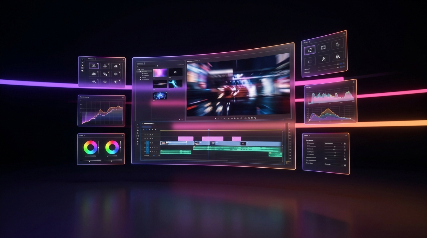 Teléfono inteligente con línea de tiempo de edición de video flotante y luces de neón.