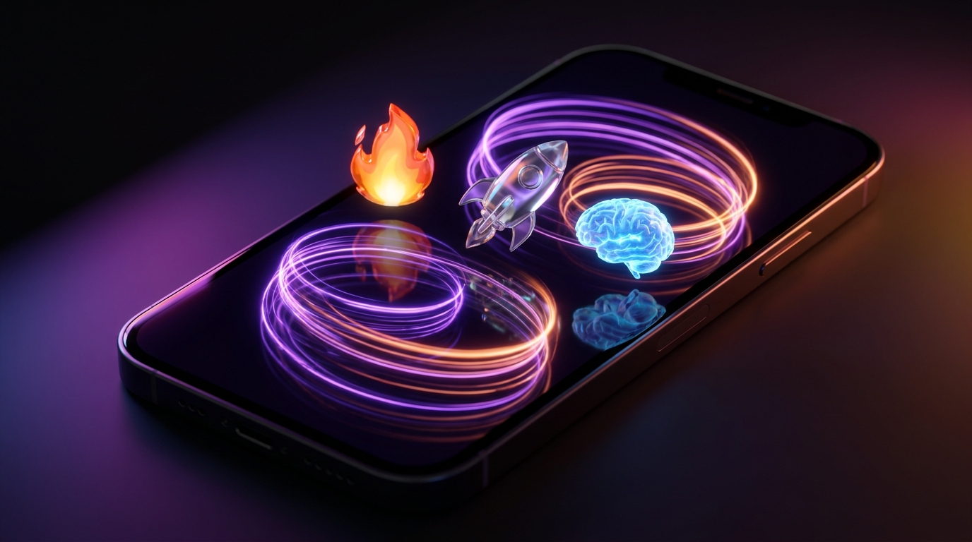 Cerebro de neón rodeado de emojis 3D y ondas de audio sobre fondo oscuro