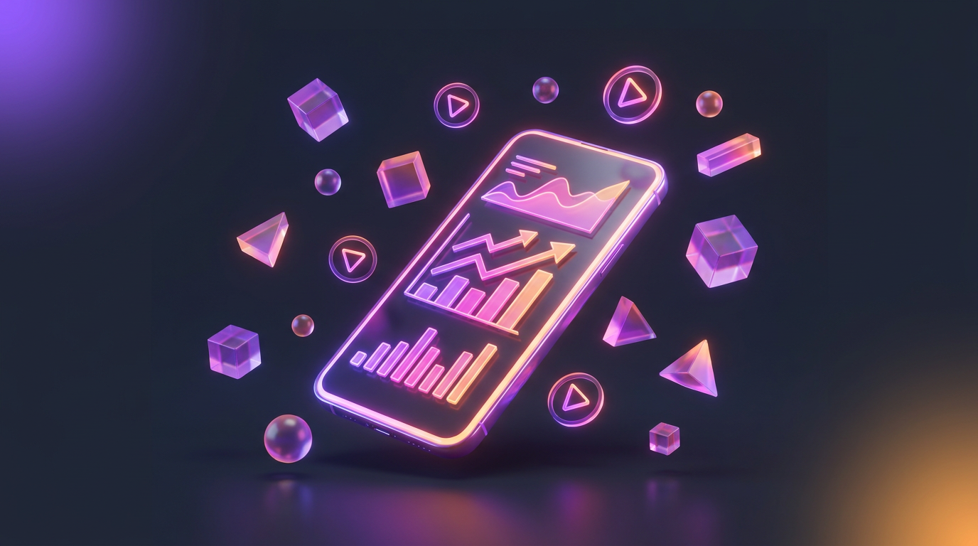 Gráfico de crecimiento ascendente saliendo de un smartphone con interfaz de Reels.
