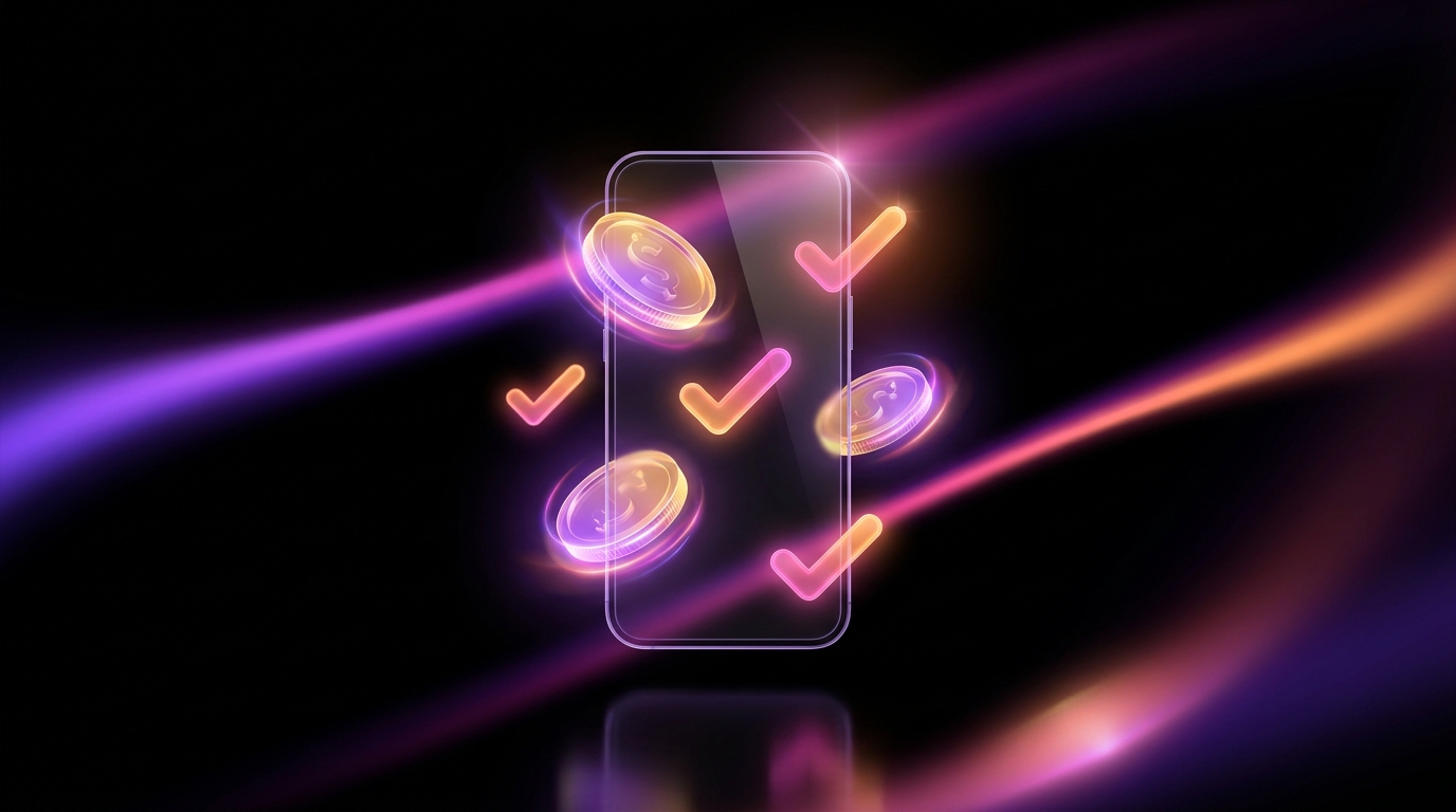 Teléfono inteligente mostrando un panel de monetización brillante con luces de neón