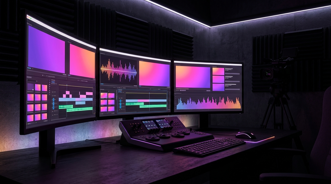 Espacio de trabajo de edición de video con monitores duales y luces de neón