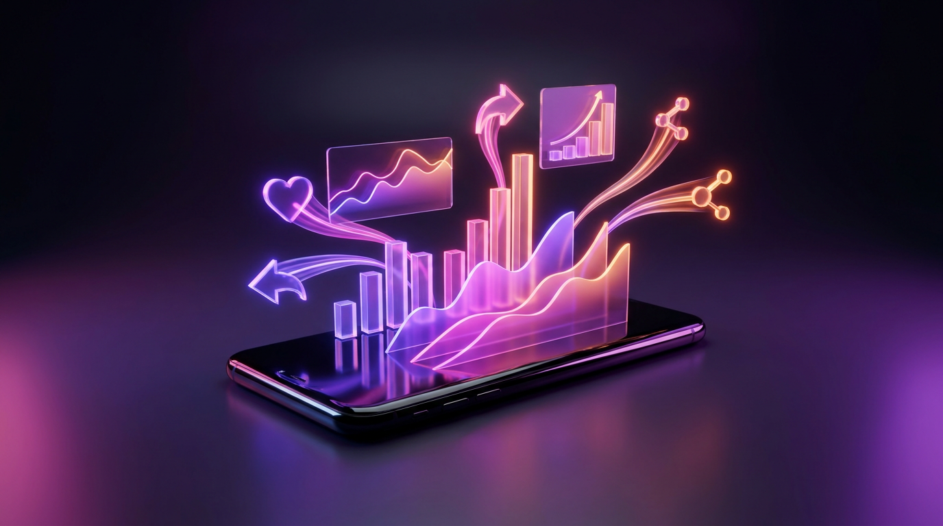 Gráficos de datos de retención de audiencia brillando sobre un smartphone oscuro