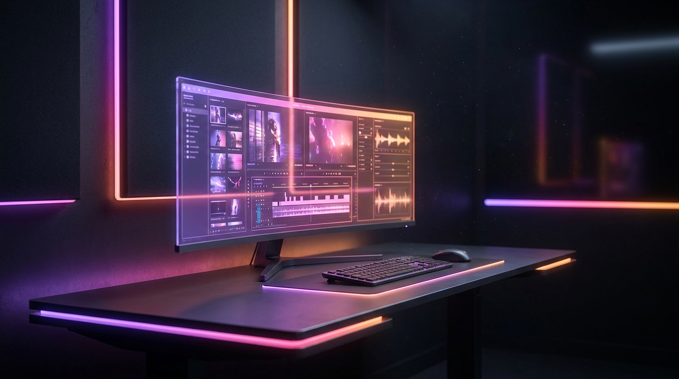 Monitores de edición de video contrastando una línea de tiempo tradicional con inteligencia artificial.