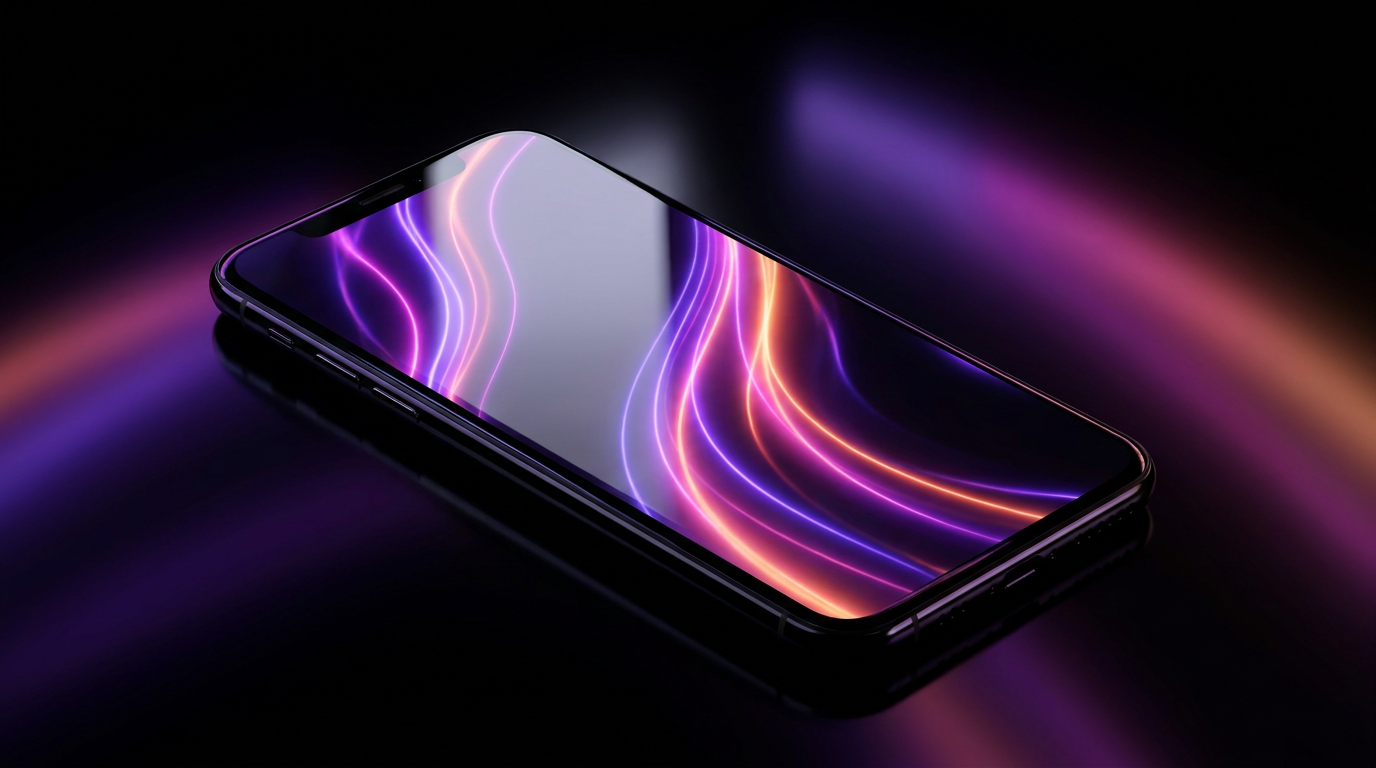 Smartphone emitiendo letras brillantes flotantes en un fondo oscuro con tonos neón.