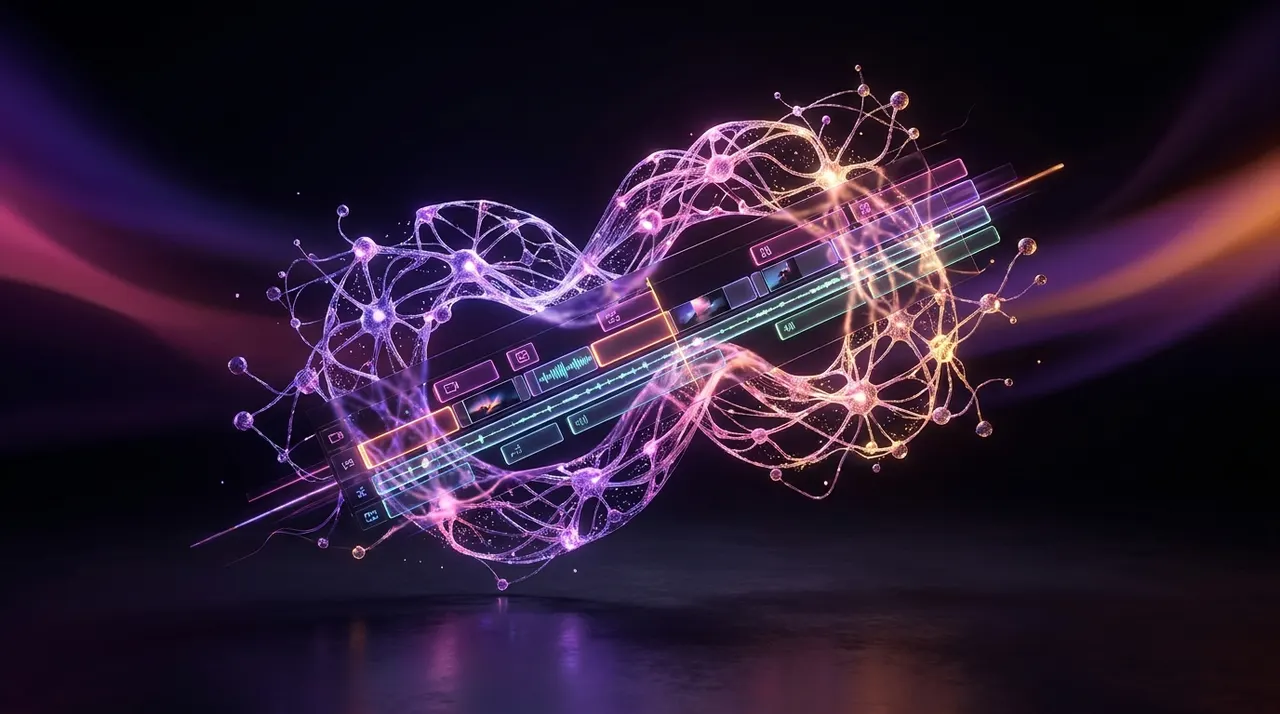 Interfaz futurista de edición de vídeo con hologramas y métricas iluminadas en tonos neón.
