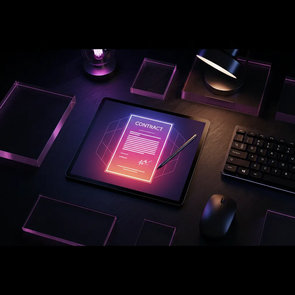 Contrato digital brillante en una tablet junto a equipo de edición de video