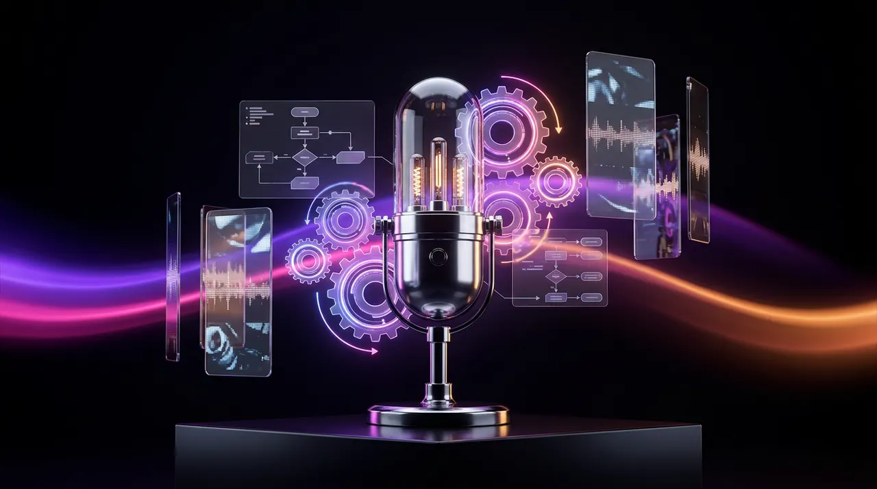 Micrófono de podcast moderno con elementos visuales de automatización e inteligencia artificial