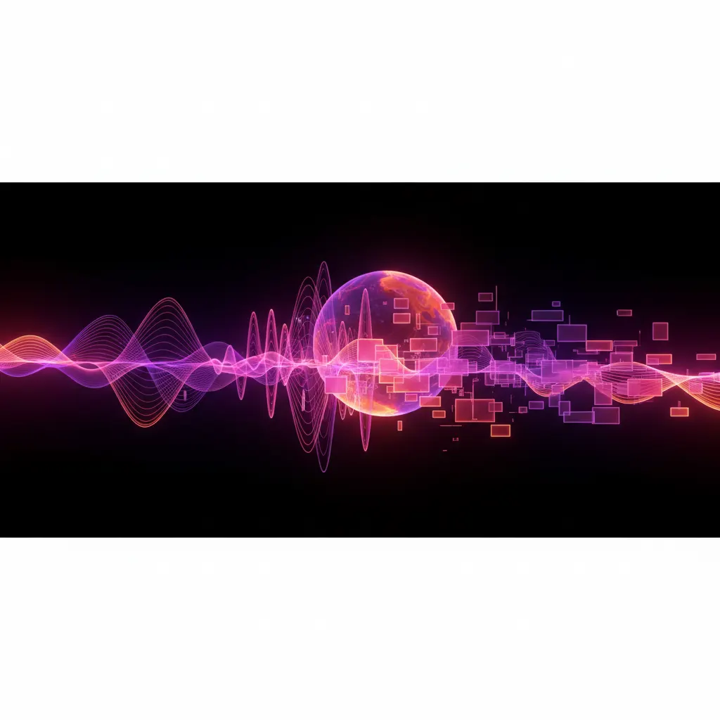 Onda de sonido digital transformándose en bloques de texto iluminados