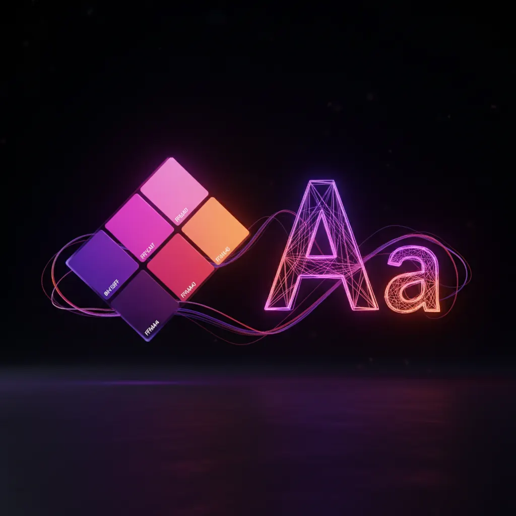 Interfaz 3D flotante mostrando selectores de color corporativo y menús de tipografía