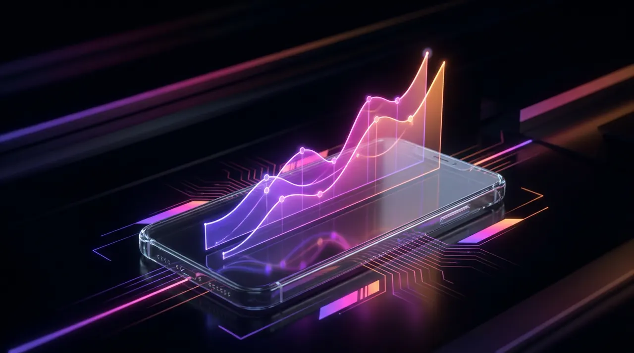 Panel de datos holográfico mostrando métricas de tendencias virales con colores neón