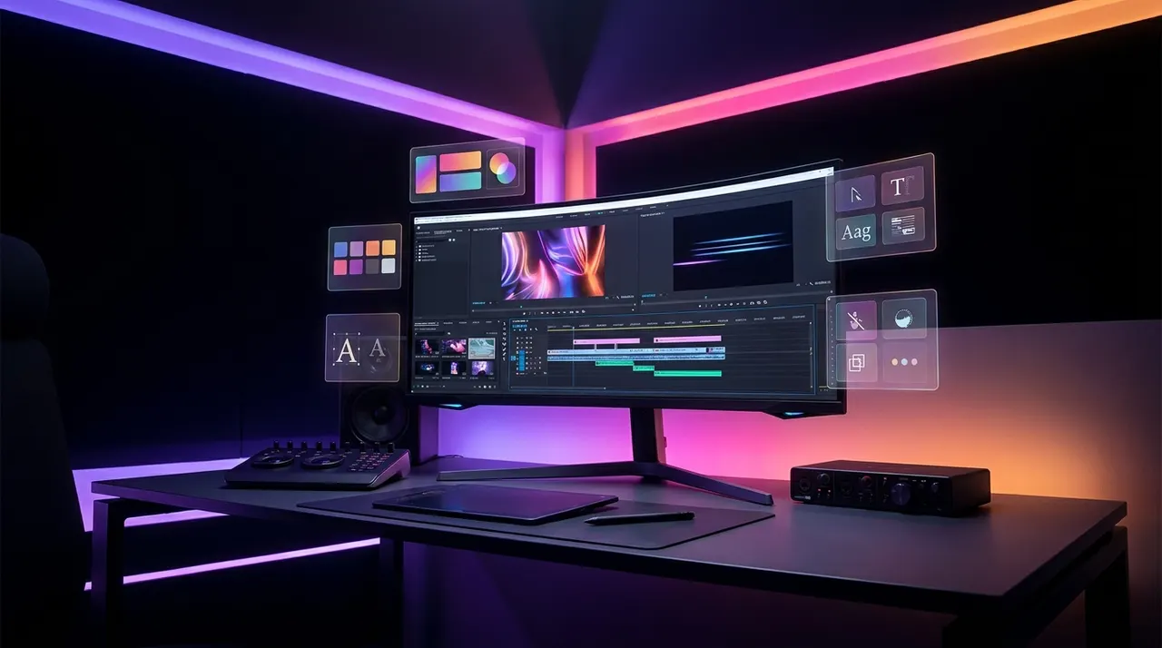 Interfaz digital flotante con paletas de colores y líneas de tiempo de vídeo