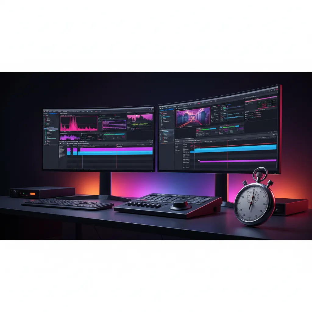 Espacio de trabajo de edición de video con cronómetro digital y monitores
