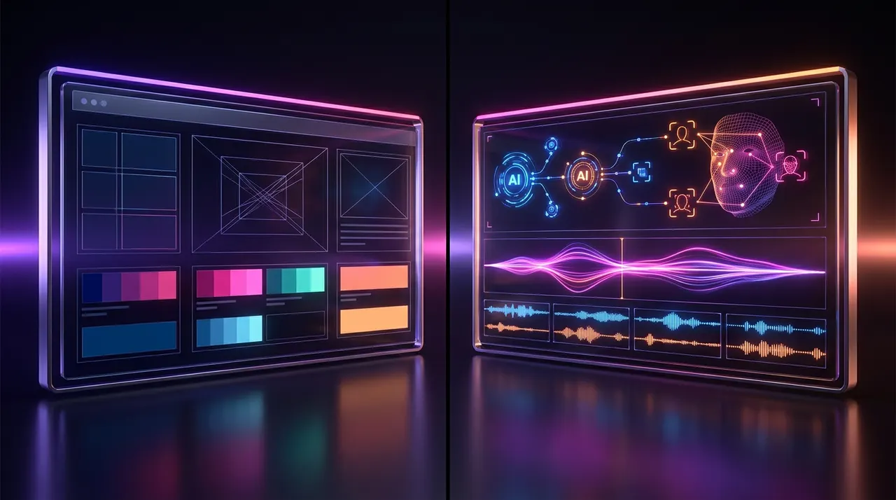 Pantalla dividida comparando interfaz de diseño tradicional con procesamiento de video mediante inteligencia artificial