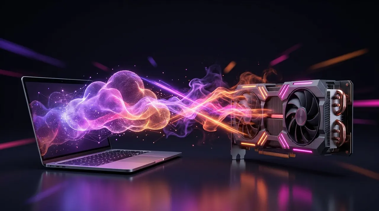 Pantalla dividida conceptual entre un PC de alto rendimiento y servidores en la nube.