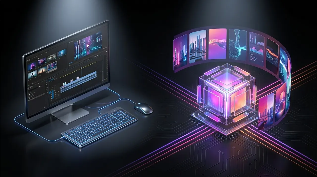 Teléfono con interfaz de edición frente a un cerebro de inteligencia artificial procesando video.