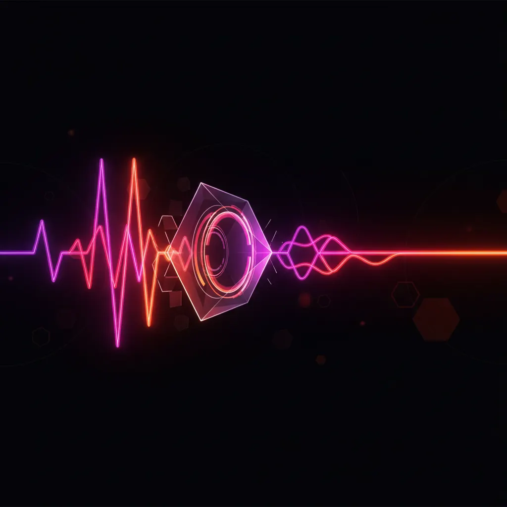 Onda de audio brillante transformándose en bloques de texto digital