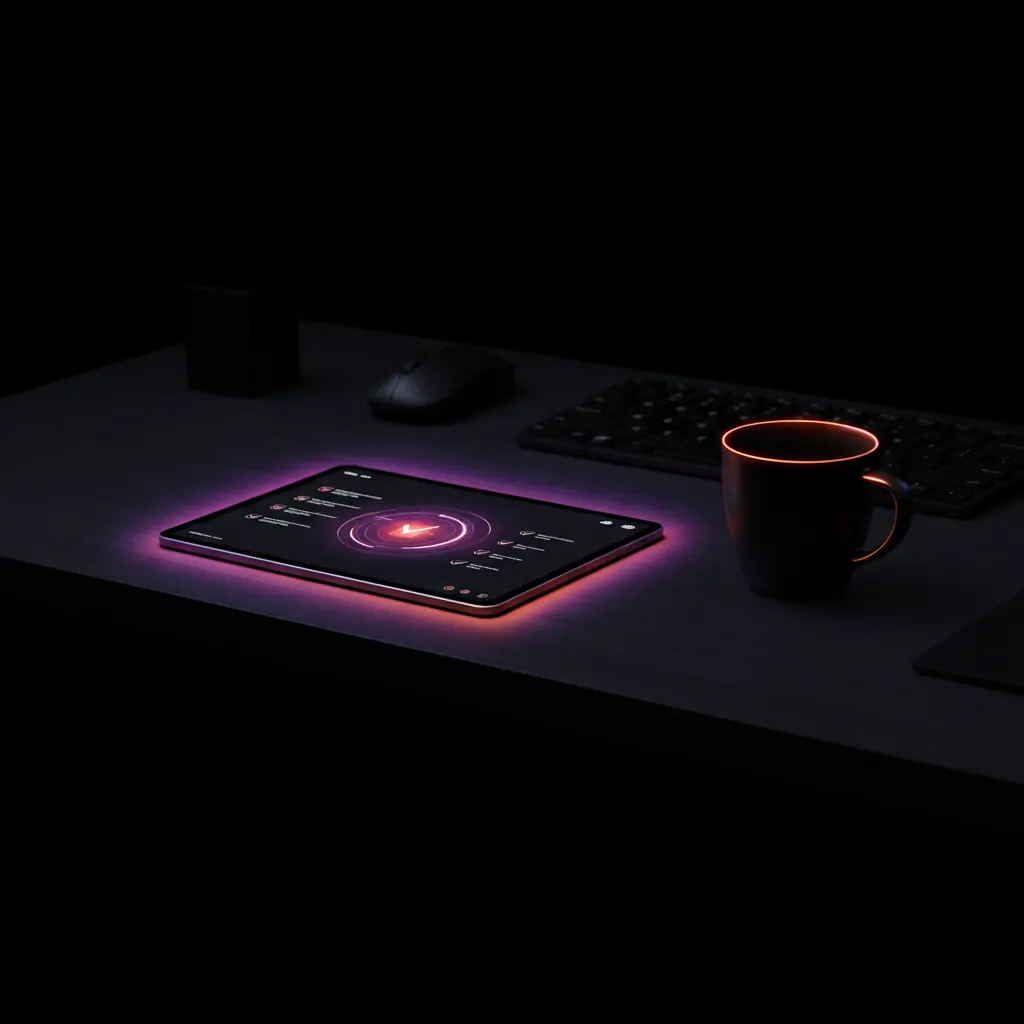 Tablet sobre un escritorio oscuro mostrando un checklist digital iluminado con tonos neón