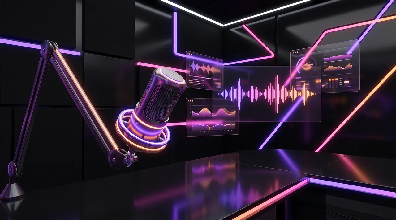 Micrófono de estudio y formas de onda digitales sobre fondo oscuro con luces neón