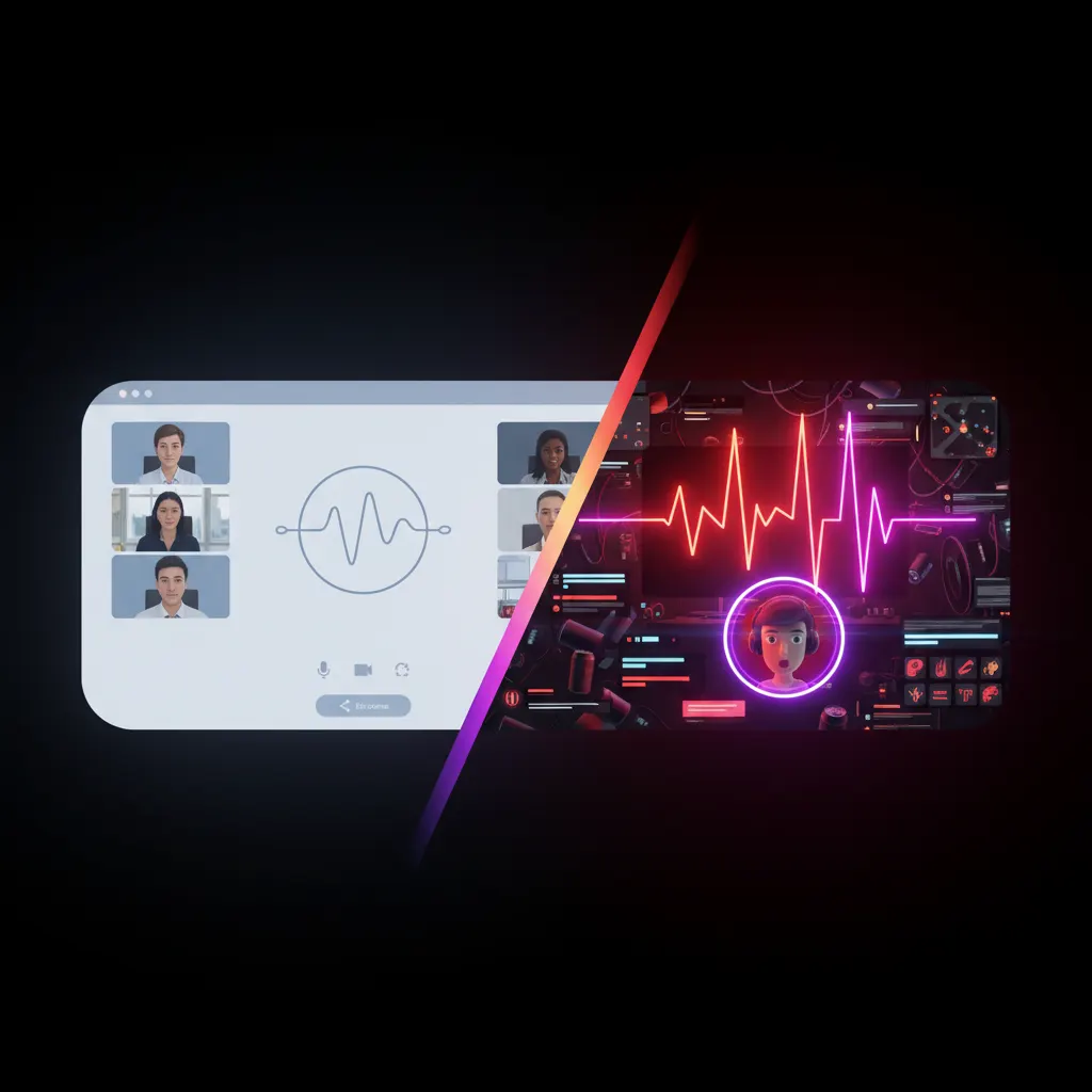 Pantalla dividida con un micrófono profesional y un mando de videojuegos brillante