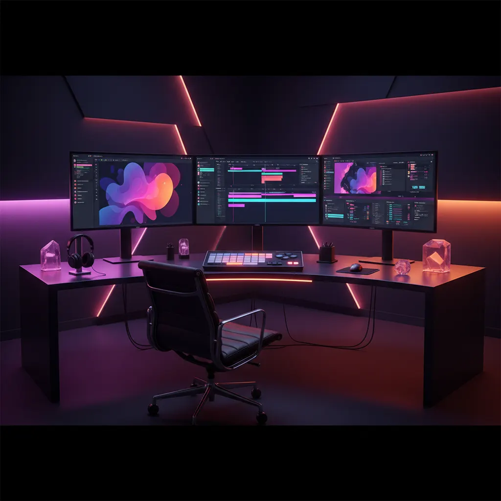 Monitores con líneas de tiempo de video conectadas en red brillante.