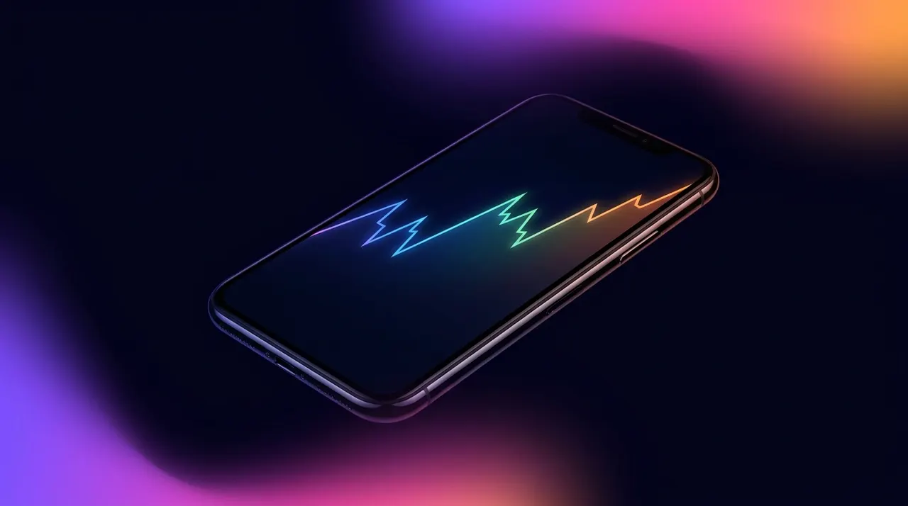 Micrófono y smartphone con gráficos financieros sobre escritorio oscuro con luces de neón.