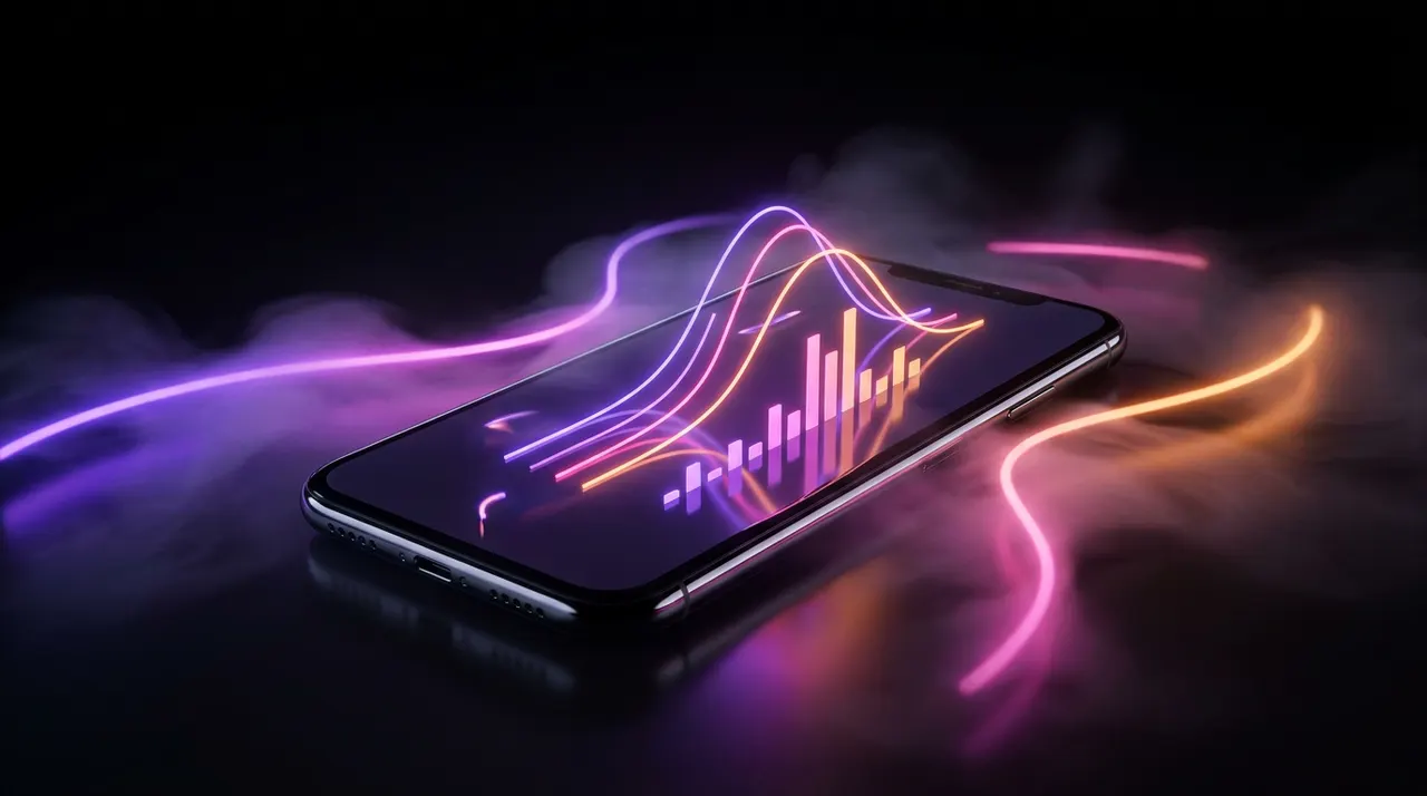 Micrófono profesional y smartphone con gráficos ascendentes iluminados por luces de neón.
