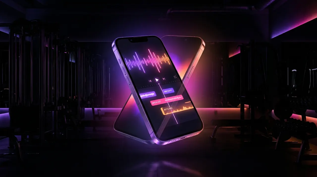 Smartphone mostrando interfaz de edición de video vertical para fitness