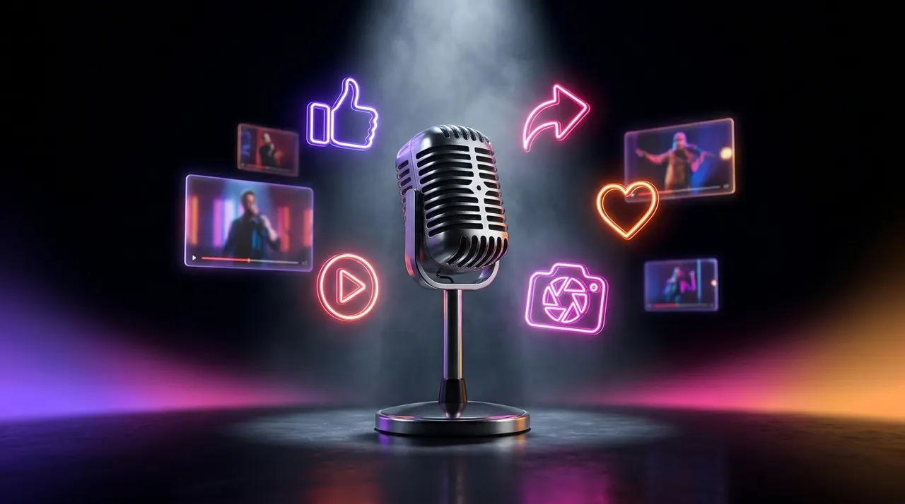 Micrófono de stand up iluminado con luces de neón sobre fondo oscuro