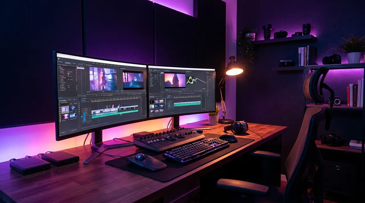 Espacio de trabajo de un editor de video con iluminación de neón y un apretón de manos digital