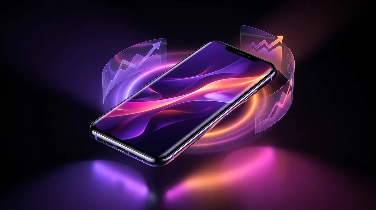 Smartphone con gráfico de crecimiento exponencial iluminado con luces de neón